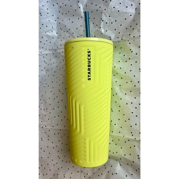 New Starbucks Winter 2024 Yellow Soft Touch Geometric SS Cold Cup 24oz - Picture 3 of 8